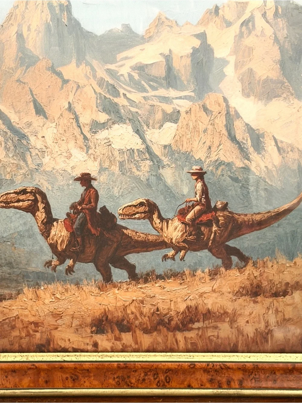 Cowboy Dinosaur Ranger Mountains Canvas Art Print Quirky Vintage Framed Wall Art